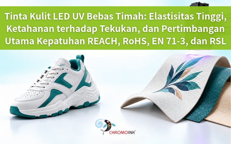 Tinta Kulit LED UV Bebas Timah CHROMOINK dengan elastisitas tinggi, tahan tekukan, serta pertimbangan kepatuhan REACH, RoHS, EN 71-3, dan RSL.